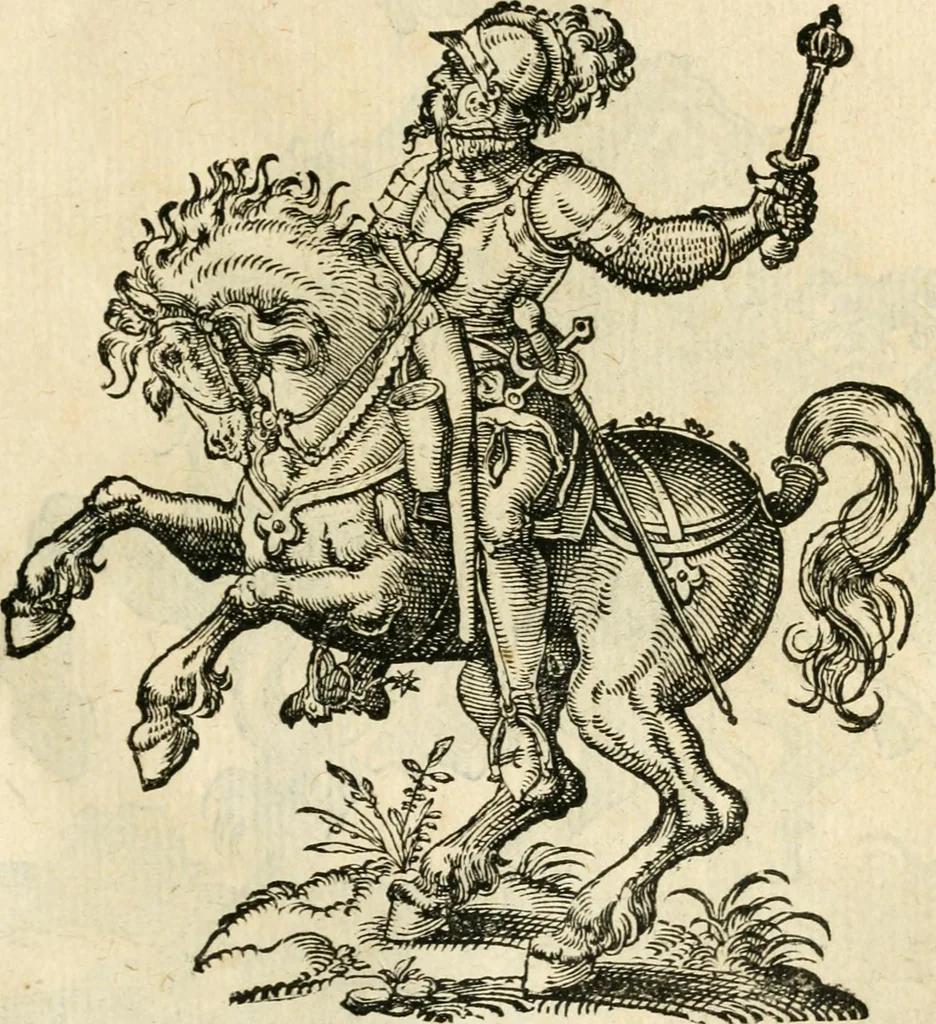 An illustration from Kunstbüchlin : Darinnen neben Fürbildung vieler, geistlicher vnnd weltlicher, hohes vnd niderstands Personen, so dann auch der Türkischen Käyser derselben obersten allerhandt kunstreiche Stück vnnd Figuren : auch die sieben Planeten, zehen alter Rittmeister vnnd Befelchshaber, Reutern vnd Contrafactur der Pferde, allerlen Thurnier, Fechten vnd dann erliche Helm vnd Helmdecken begriffen : Alles auff das zierlicht vnd künstlichst gerissen, 1599, leaf 188