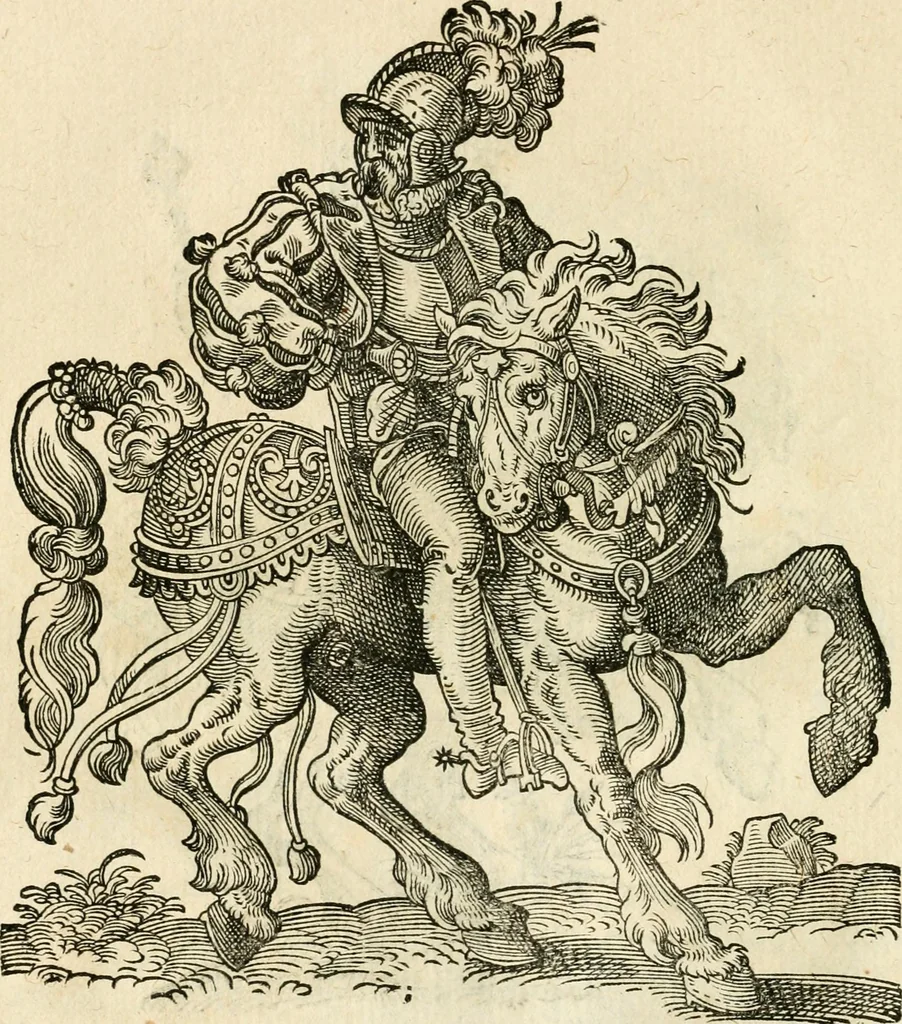 An illustration from Kunstbüchlin : Darinnen neben Fürbildung vieler, geistlicher vnnd weltlicher, hohes vnd niderstands Personen, so dann auch der Türkischen Käyser derselben obersten allerhandt kunstreiche Stück vnnd Figuren : auch die sieben Planeten, zehen alter Rittmeister vnnd Befelchshaber, Reutern vnd Contrafactur der Pferde, allerlen Thurnier, Fechten vnd dann erliche Helm vnd Helmdecken begriffen : Alles auff das zierlicht vnd künstlichst gerissen, 1599, leaf 189