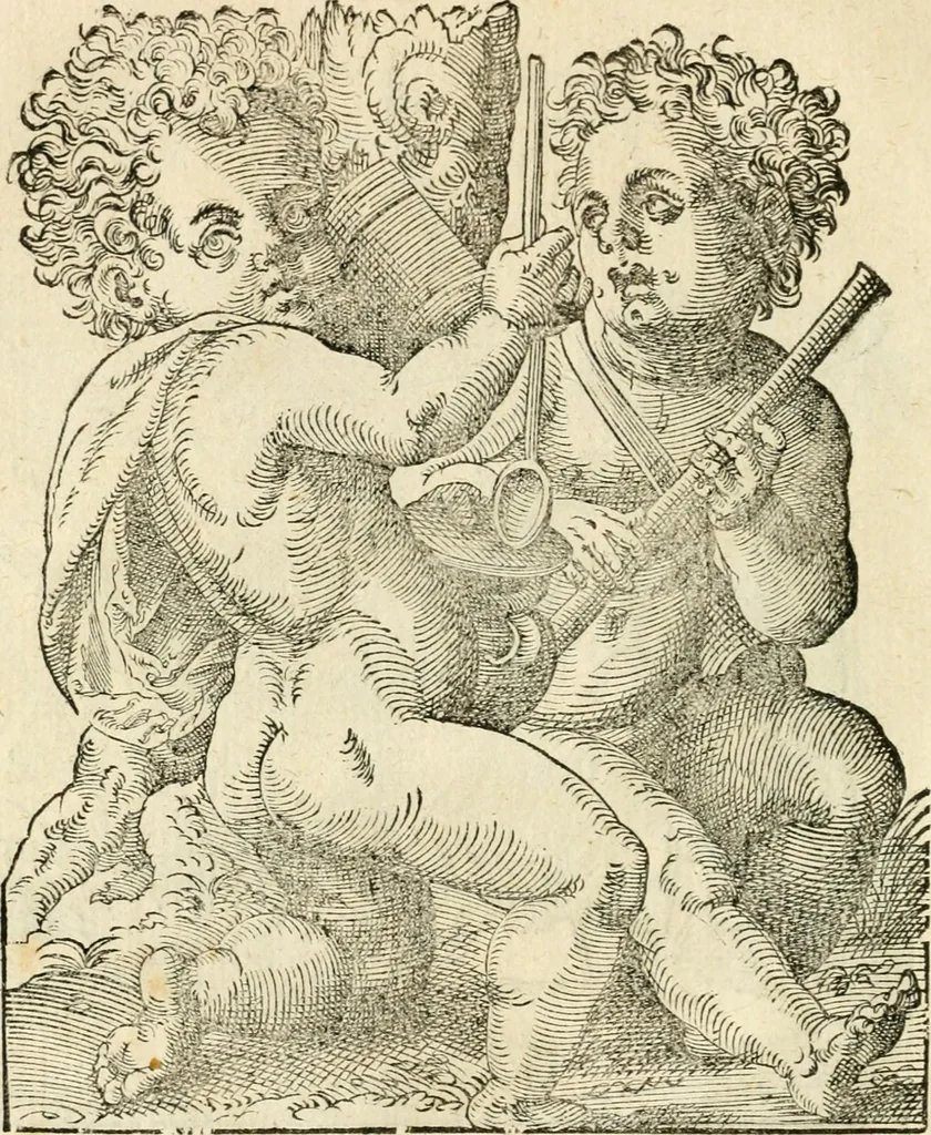 An illustration from Kunstbüchlin : Darinnen neben Fürbildung vieler, geistlicher vnnd weltlicher, hohes vnd niderstands Personen, so dann auch der Türkischen Käyser derselben obersten allerhandt kunstreiche Stück vnnd Figuren : auch die sieben Planeten, zehen alter Rittmeister vnnd Befelchshaber, Reutern vnd Contrafactur der Pferde, allerlen Thurnier, Fechten vnd dann erliche Helm vnd Helmdecken begriffen : Alles auff das zierlicht vnd künstlichst gerissen, 1599, leaf 19