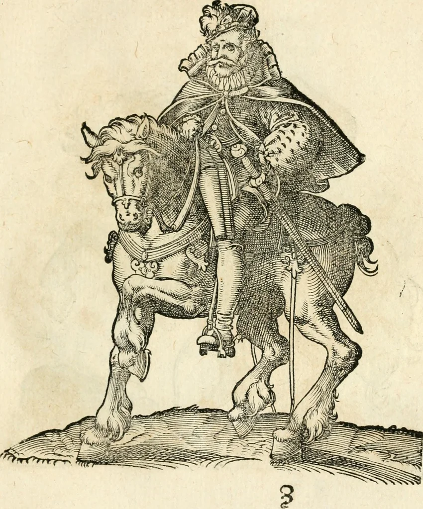 An illustration from Kunstbüchlin : Darinnen neben Fürbildung vieler, geistlicher vnnd weltlicher, hohes vnd niderstands Personen, so dann auch der Türkischen Käyser derselben obersten allerhandt kunstreiche Stück vnnd Figuren : auch die sieben Planeten, zehen alter Rittmeister vnnd Befelchshaber, Reutern vnd Contrafactur der Pferde, allerlen Thurnier, Fechten vnd dann erliche Helm vnd Helmdecken begriffen : Alles auff das zierlicht vnd künstlichst gerissen, 1599, leaf 190
