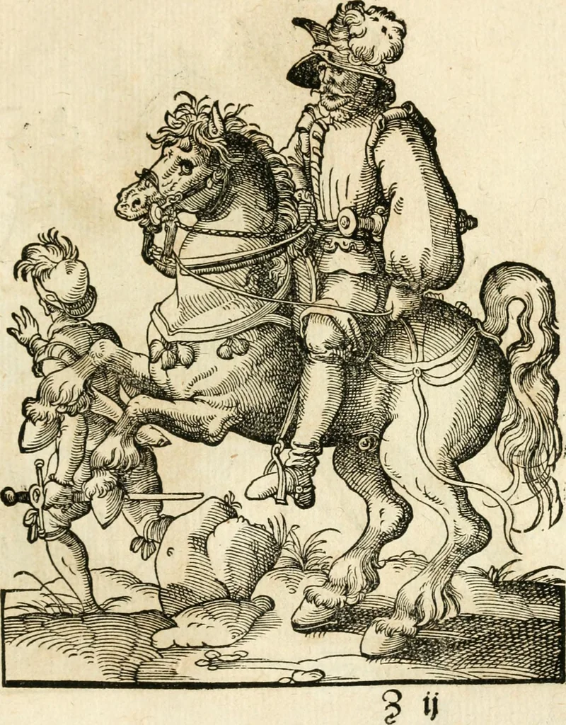 An illustration from Kunstbüchlin : Darinnen neben Fürbildung vieler, geistlicher vnnd weltlicher, hohes vnd niderstands Personen, so dann auch der Türkischen Käyser derselben obersten allerhandt kunstreiche Stück vnnd Figuren : auch die sieben Planeten, zehen alter Rittmeister vnnd Befelchshaber, Reutern vnd Contrafactur der Pferde, allerlen Thurnier, Fechten vnd dann erliche Helm vnd Helmdecken begriffen : Alles auff das zierlicht vnd künstlichst gerissen, 1599, leaf 192