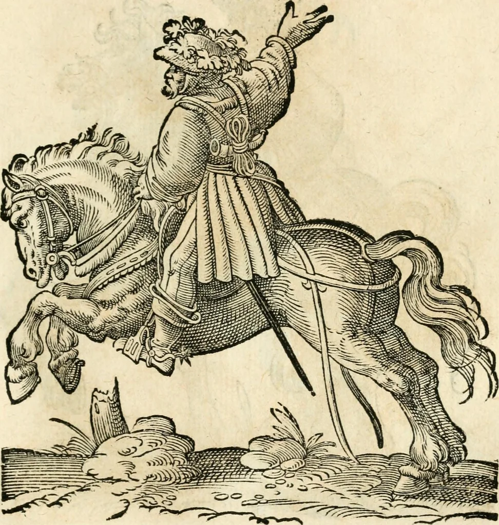 An illustration from Kunstbüchlin : Darinnen neben Fürbildung vieler, geistlicher vnnd weltlicher, hohes vnd niderstands Personen, so dann auch der Türkischen Käyser derselben obersten allerhandt kunstreiche Stück vnnd Figuren : auch die sieben Planeten, zehen alter Rittmeister vnnd Befelchshaber, Reutern vnd Contrafactur der Pferde, allerlen Thurnier, Fechten vnd dann erliche Helm vnd Helmdecken begriffen : Alles auff das zierlicht vnd künstlichst gerissen, 1599, leaf 194