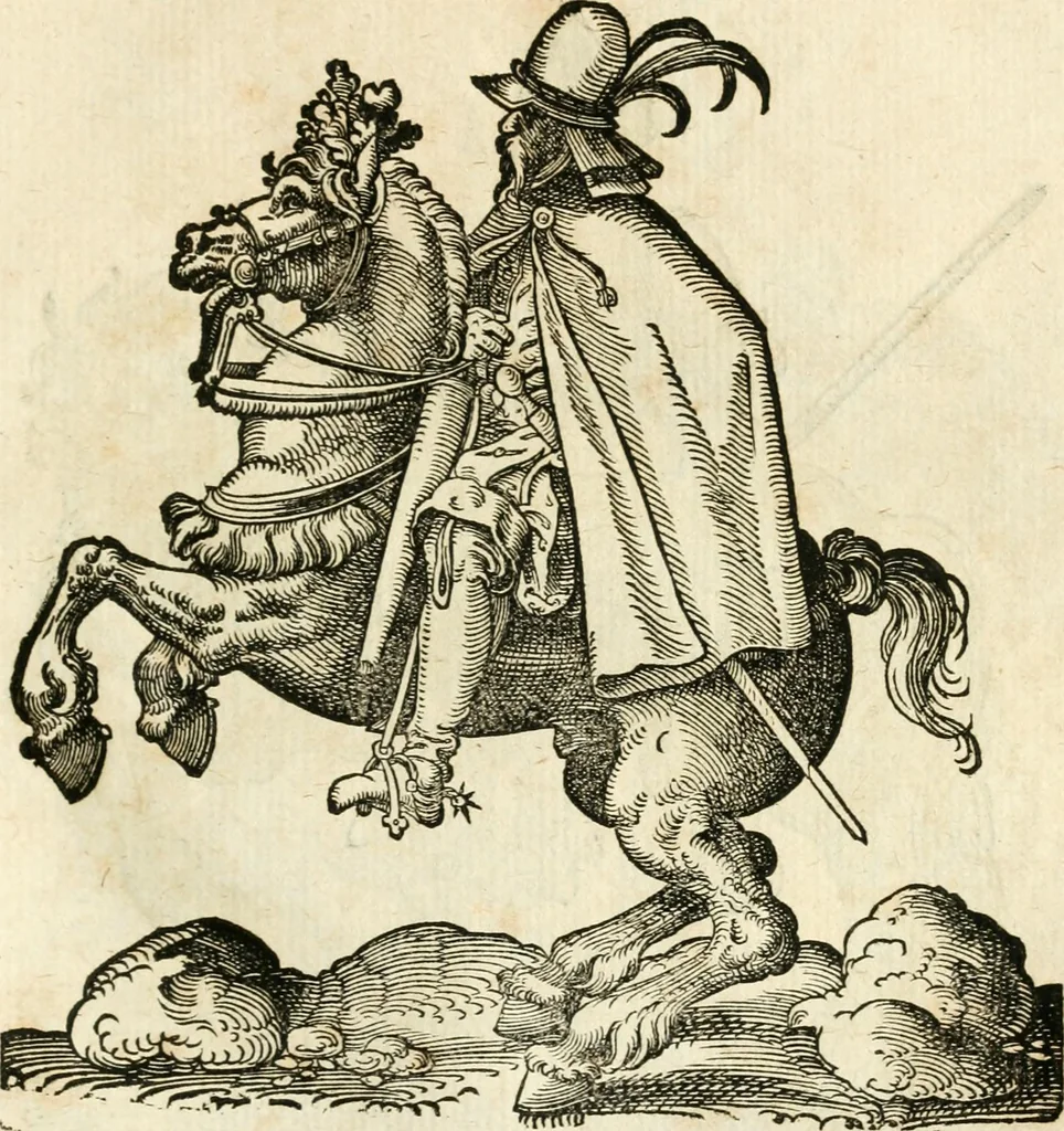 An illustration from Kunstbüchlin : Darinnen neben Fürbildung vieler, geistlicher vnnd weltlicher, hohes vnd niderstands Personen, so dann auch der Türkischen Käyser derselben obersten allerhandt kunstreiche Stück vnnd Figuren : auch die sieben Planeten, zehen alter Rittmeister vnnd Befelchshaber, Reutern vnd Contrafactur der Pferde, allerlen Thurnier, Fechten vnd dann erliche Helm vnd Helmdecken begriffen : Alles auff das zierlicht vnd künstlichst gerissen, 1599, leaf 196