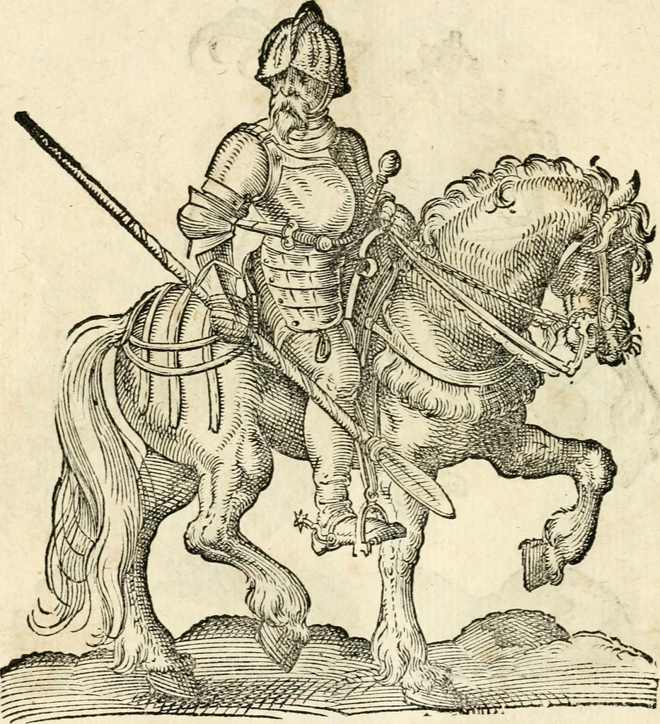 An illustration from Kunstbüchlin : Darinnen neben Fürbildung vieler, geistlicher vnnd weltlicher, hohes vnd niderstands Personen, so dann auch der Türkischen Käyser derselben obersten allerhandt kunstreiche Stück vnnd Figuren : auch die sieben Planeten, zehen alter Rittmeister vnnd Befelchshaber, Reutern vnd Contrafactur der Pferde, allerlen Thurnier, Fechten vnd dann erliche Helm vnd Helmdecken begriffen : Alles auff das zierlicht vnd künstlichst gerissen, 1599, leaf 197