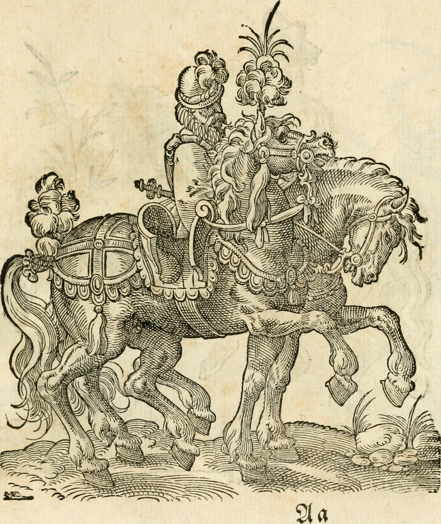 An illustration from Kunstbüchlin : Darinnen neben Fürbildung vieler, geistlicher vnnd weltlicher, hohes vnd niderstands Personen, so dann auch der Türkischen Käyser derselben obersten allerhandt kunstreiche Stück vnnd Figuren : auch die sieben Planeten, zehen alter Rittmeister vnnd Befelchshaber, Reutern vnd Contrafactur der Pferde, allerlen Thurnier, Fechten vnd dann erliche Helm vnd Helmdecken begriffen : Alles auff das zierlicht vnd künstlichst gerissen, 1599, leaf 198