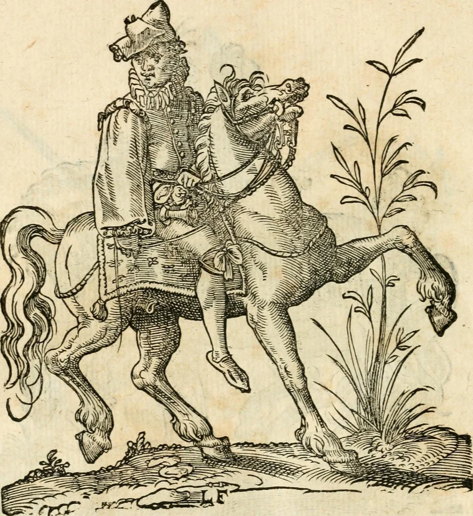 An illustration from Kunstbüchlin : Darinnen neben Fürbildung vieler, geistlicher vnnd weltlicher, hohes vnd niderstands Personen, so dann auch der Türkischen Käyser derselben obersten allerhandt kunstreiche Stück vnnd Figuren : auch die sieben Planeten, zehen alter Rittmeister vnnd Befelchshaber, Reutern vnd Contrafactur der Pferde, allerlen Thurnier, Fechten vnd dann erliche Helm vnd Helmdecken begriffen : Alles auff das zierlicht vnd künstlichst gerissen, 1599, leaf 199