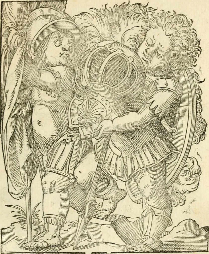 An illustration from Kunstbüchlin : Darinnen neben Fürbildung vieler, geistlicher vnnd weltlicher, hohes vnd niderstands Personen, so dann auch der Türkischen Käyser derselben obersten allerhandt kunstreiche Stück vnnd Figuren : auch die sieben Planeten, zehen alter Rittmeister vnnd Befelchshaber, Reutern vnd Contrafactur der Pferde, allerlen Thurnier, Fechten vnd dann erliche Helm vnd Helmdecken begriffen : Alles auff das zierlicht vnd künstlichst gerissen, 1599, leaf 20