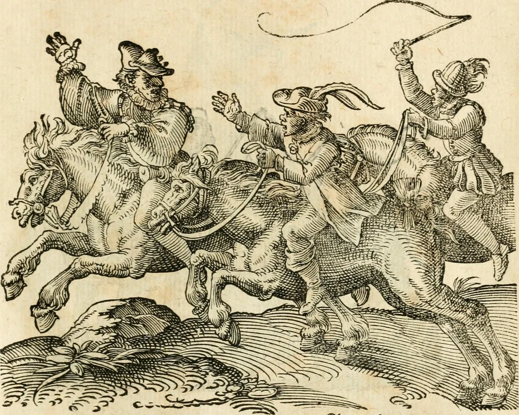 An illustration from Kunstbüchlin : Darinnen neben Fürbildung vieler, geistlicher vnnd weltlicher, hohes vnd niderstands Personen, so dann auch der Türkischen Käyser derselben obersten allerhandt kunstreiche Stück vnnd Figuren : auch die sieben Planeten, zehen alter Rittmeister vnnd Befelchshaber, Reutern vnd Contrafactur der Pferde, allerlen Thurnier, Fechten vnd dann erliche Helm vnd Helmdecken begriffen : Alles auff das zierlicht vnd künstlichst gerissen, 1599, leaf 200