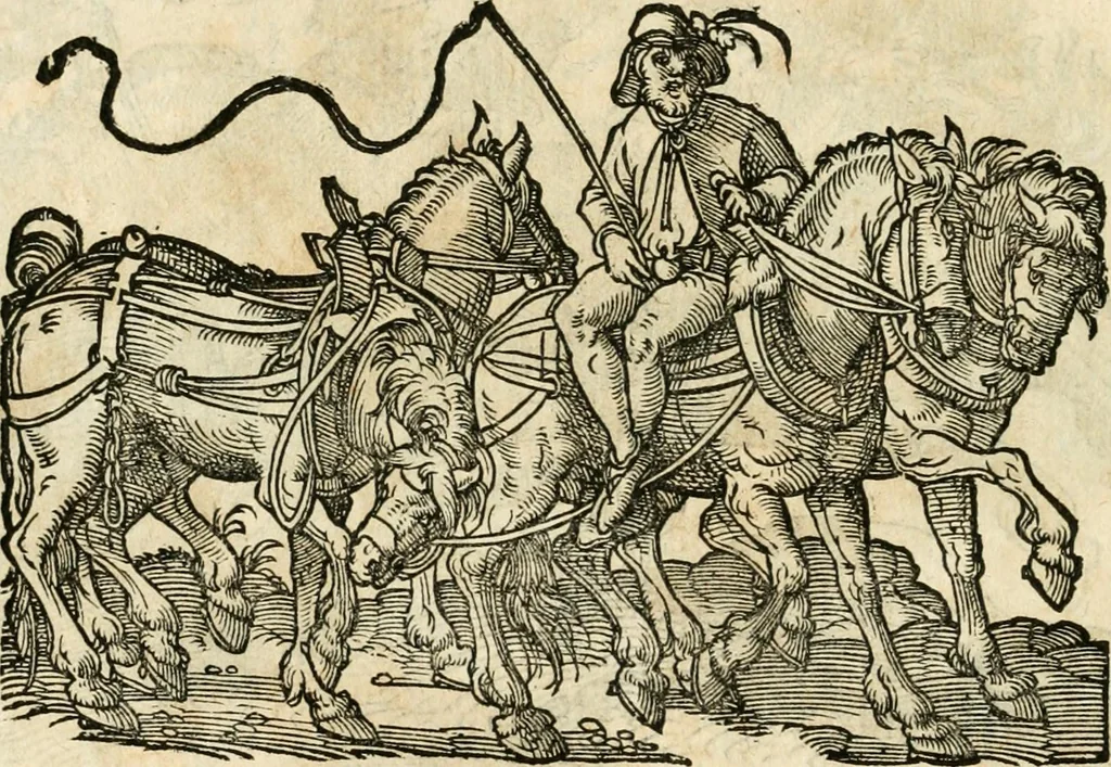 An illustration from Kunstbüchlin : Darinnen neben Fürbildung vieler, geistlicher vnnd weltlicher, hohes vnd niderstands Personen, so dann auch der Türkischen Käyser derselben obersten allerhandt kunstreiche Stück vnnd Figuren : auch die sieben Planeten, zehen alter Rittmeister vnnd Befelchshaber, Reutern vnd Contrafactur der Pferde, allerlen Thurnier, Fechten vnd dann erliche Helm vnd Helmdecken begriffen : Alles auff das zierlicht vnd künstlichst gerissen, 1599, leaf 201