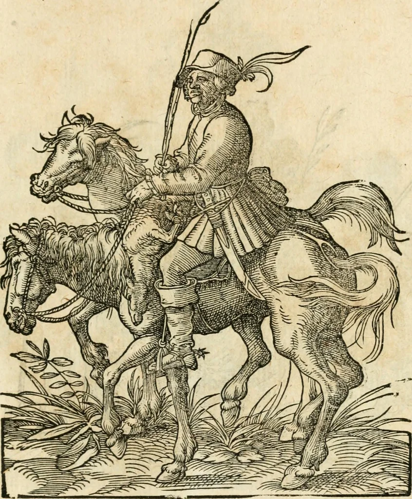 An illustration from Kunstbüchlin : Darinnen neben Fürbildung vieler, geistlicher vnnd weltlicher, hohes vnd niderstands Personen, so dann auch der Türkischen Käyser derselben obersten allerhandt kunstreiche Stück vnnd Figuren : auch die sieben Planeten, zehen alter Rittmeister vnnd Befelchshaber, Reutern vnd Contrafactur der Pferde, allerlen Thurnier, Fechten vnd dann erliche Helm vnd Helmdecken begriffen : Alles auff das zierlicht vnd künstlichst gerissen, 1599, leaf 202