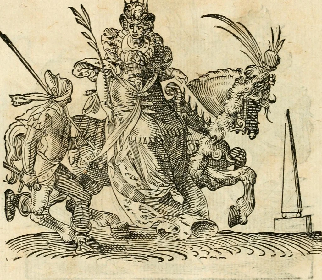 An illustration from Kunstbüchlin : Darinnen neben Fürbildung vieler, geistlicher vnnd weltlicher, hohes vnd niderstands Personen, so dann auch der Türkischen Käyser derselben obersten allerhandt kunstreiche Stück vnnd Figuren : auch die sieben Planeten, zehen alter Rittmeister vnnd Befelchshaber, Reutern vnd Contrafactur der Pferde, allerlen Thurnier, Fechten vnd dann erliche Helm vnd Helmdecken begriffen : Alles auff das zierlicht vnd künstlichst gerissen, 1599, leaf 203
