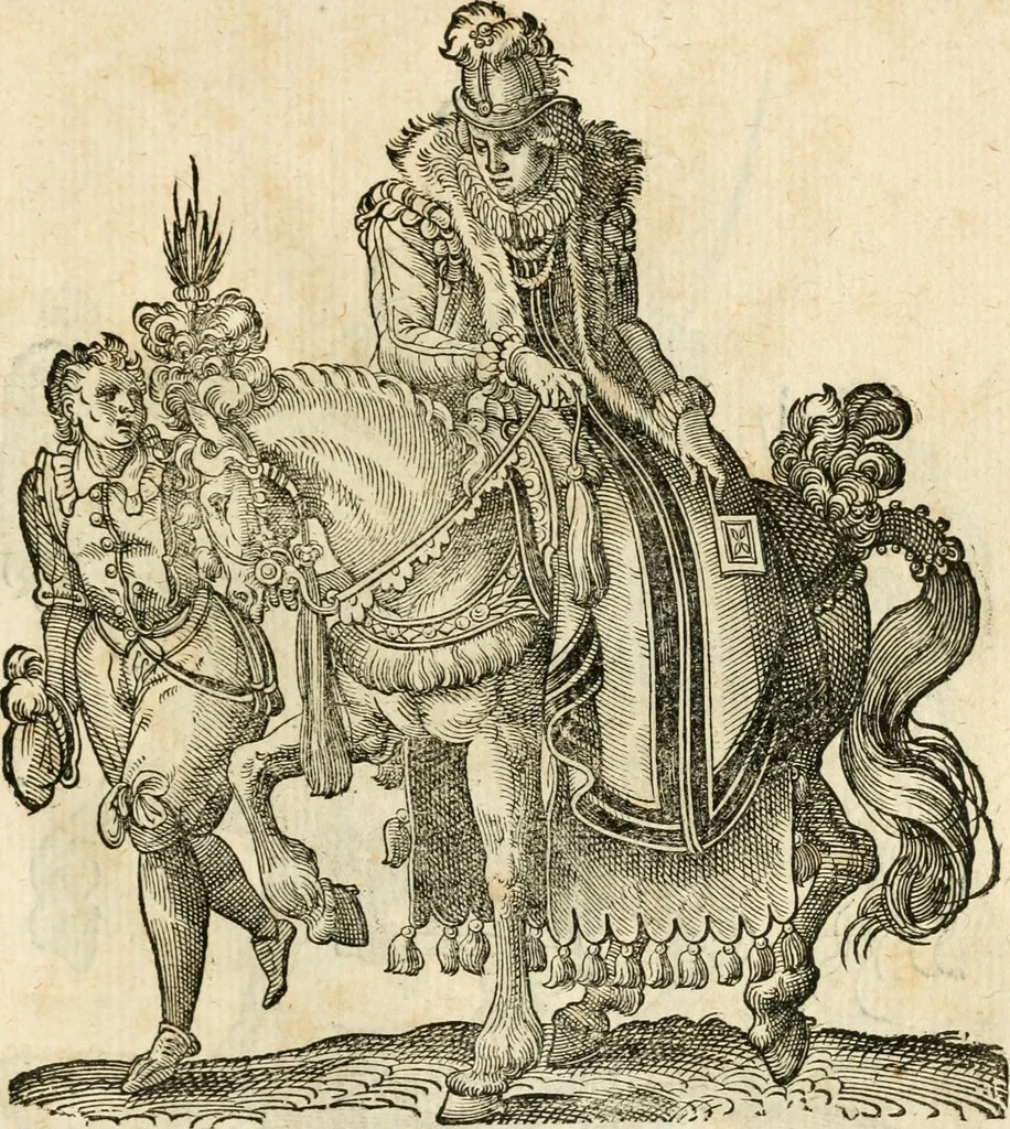 An illustration from Kunstbüchlin : Darinnen neben Fürbildung vieler, geistlicher vnnd weltlicher, hohes vnd niderstands Personen, so dann auch der Türkischen Käyser derselben obersten allerhandt kunstreiche Stück vnnd Figuren : auch die sieben Planeten, zehen alter Rittmeister vnnd Befelchshaber, Reutern vnd Contrafactur der Pferde, allerlen Thurnier, Fechten vnd dann erliche Helm vnd Helmdecken begriffen : Alles auff das zierlicht vnd künstlichst gerissen, 1599, leaf 204