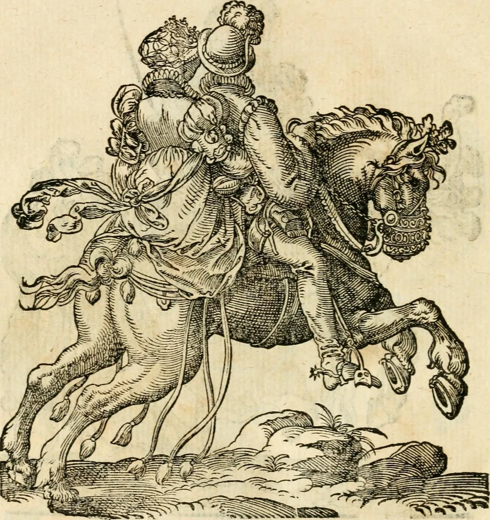 An illustration from Kunstbüchlin : Darinnen neben Fürbildung vieler, geistlicher vnnd weltlicher, hohes vnd niderstands Personen, so dann auch der Türkischen Käyser derselben obersten allerhandt kunstreiche Stück vnnd Figuren : auch die sieben Planeten, zehen alter Rittmeister vnnd Befelchshaber, Reutern vnd Contrafactur der Pferde, allerlen Thurnier, Fechten vnd dann erliche Helm vnd Helmdecken begriffen : Alles auff das zierlicht vnd künstlichst gerissen, 1599, leaf 207