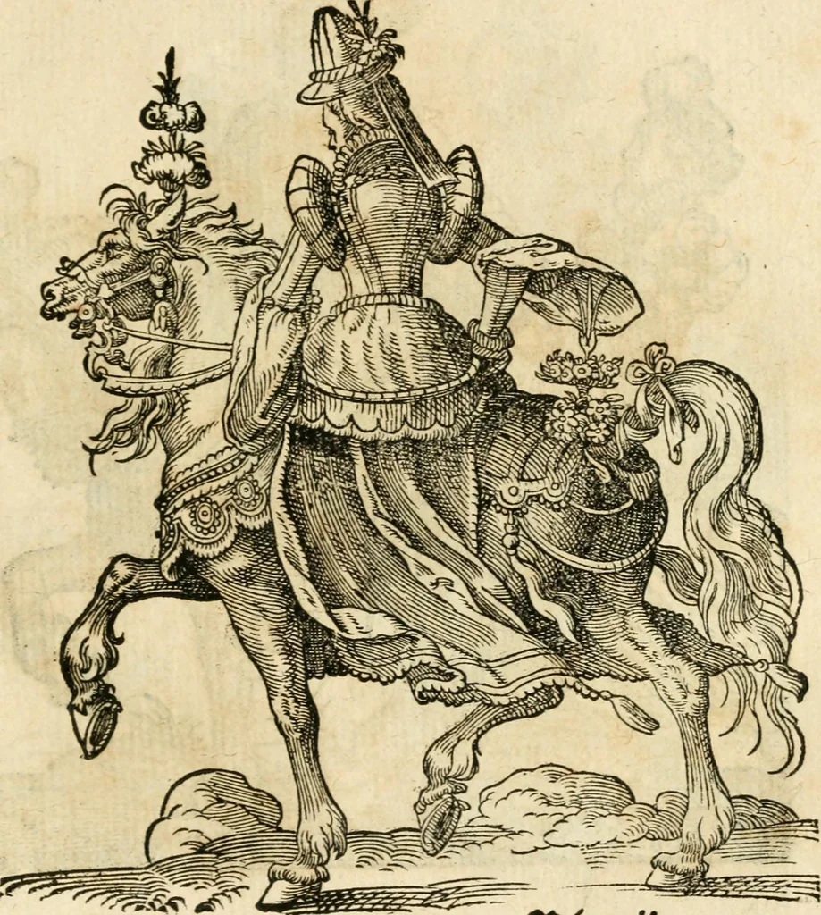 An illustration from Kunstbüchlin : Darinnen neben Fürbildung vieler, geistlicher vnnd weltlicher, hohes vnd niderstands Personen, so dann auch der Türkischen Käyser derselben obersten allerhandt kunstreiche Stück vnnd Figuren : auch die sieben Planeten, zehen alter Rittmeister vnnd Befelchshaber, Reutern vnd Contrafactur der Pferde, allerlen Thurnier, Fechten vnd dann erliche Helm vnd Helmdecken begriffen : Alles auff das zierlicht vnd künstlichst gerissen, 1599, leaf 208