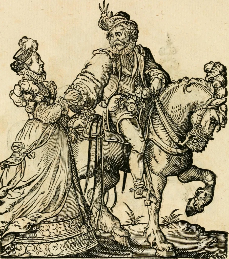 An illustration from Kunstbüchlin : Darinnen neben Fürbildung vieler, geistlicher vnnd weltlicher, hohes vnd niderstands Personen, so dann auch der Türkischen Käyser derselben obersten allerhandt kunstreiche Stück vnnd Figuren : auch die sieben Planeten, zehen alter Rittmeister vnnd Befelchshaber, Reutern vnd Contrafactur der Pferde, allerlen Thurnier, Fechten vnd dann erliche Helm vnd Helmdecken begriffen : Alles auff das zierlicht vnd künstlichst gerissen, 1599, leaf 209