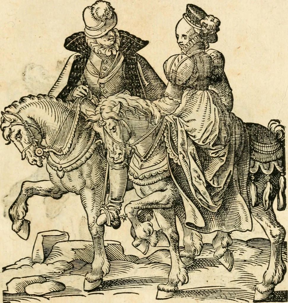 An illustration from Kunstbüchlin : Darinnen neben Fürbildung vieler, geistlicher vnnd weltlicher, hohes vnd niderstands Personen, so dann auch der Türkischen Käyser derselben obersten allerhandt kunstreiche Stück vnnd Figuren : auch die sieben Planeten, zehen alter Rittmeister vnnd Befelchshaber, Reutern vnd Contrafactur der Pferde, allerlen Thurnier, Fechten vnd dann erliche Helm vnd Helmdecken begriffen : Alles auff das zierlicht vnd künstlichst gerissen, 1599, leaf 210