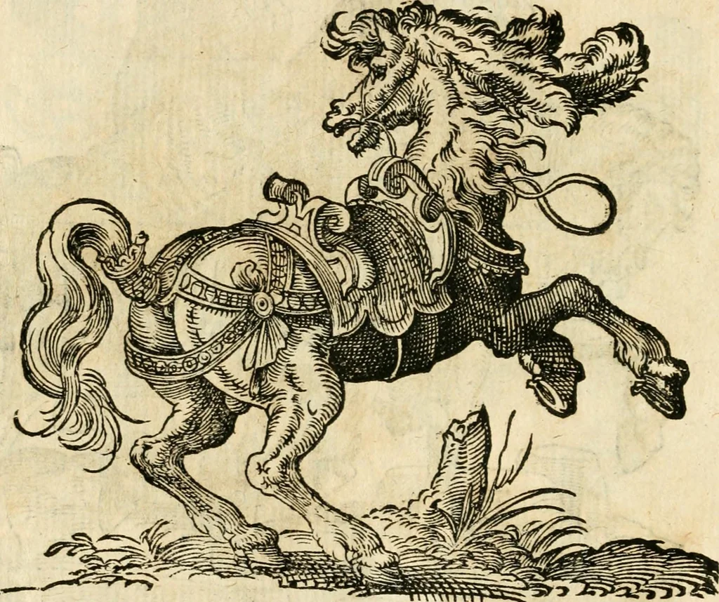 An illustration from Kunstbüchlin : Darinnen neben Fürbildung vieler, geistlicher vnnd weltlicher, hohes vnd niderstands Personen, so dann auch der Türkischen Käyser derselben obersten allerhandt kunstreiche Stück vnnd Figuren : auch die sieben Planeten, zehen alter Rittmeister vnnd Befelchshaber, Reutern vnd Contrafactur der Pferde, allerlen Thurnier, Fechten vnd dann erliche Helm vnd Helmdecken begriffen : Alles auff das zierlicht vnd künstlichst gerissen, 1599, leaf 211