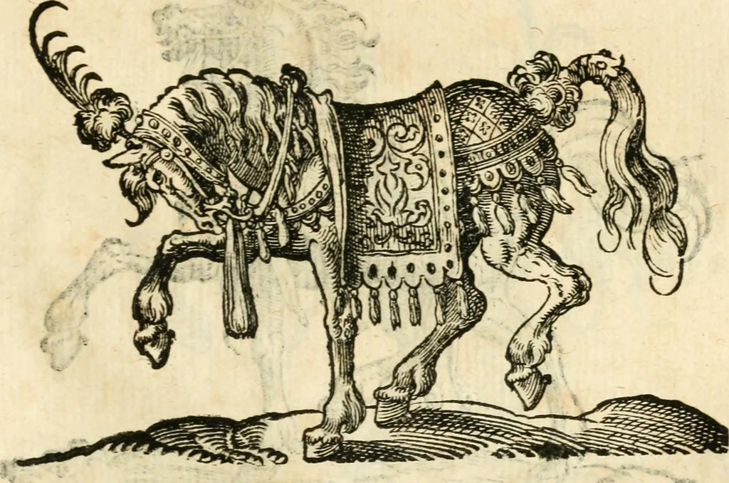 An illustration from Kunstbüchlin : Darinnen neben Fürbildung vieler, geistlicher vnnd weltlicher, hohes vnd niderstands Personen, so dann auch der Türkischen Käyser derselben obersten allerhandt kunstreiche Stück vnnd Figuren : auch die sieben Planeten, zehen alter Rittmeister vnnd Befelchshaber, Reutern vnd Contrafactur der Pferde, allerlen Thurnier, Fechten vnd dann erliche Helm vnd Helmdecken begriffen : Alles auff das zierlicht vnd künstlichst gerissen, 1599, leaf 212
