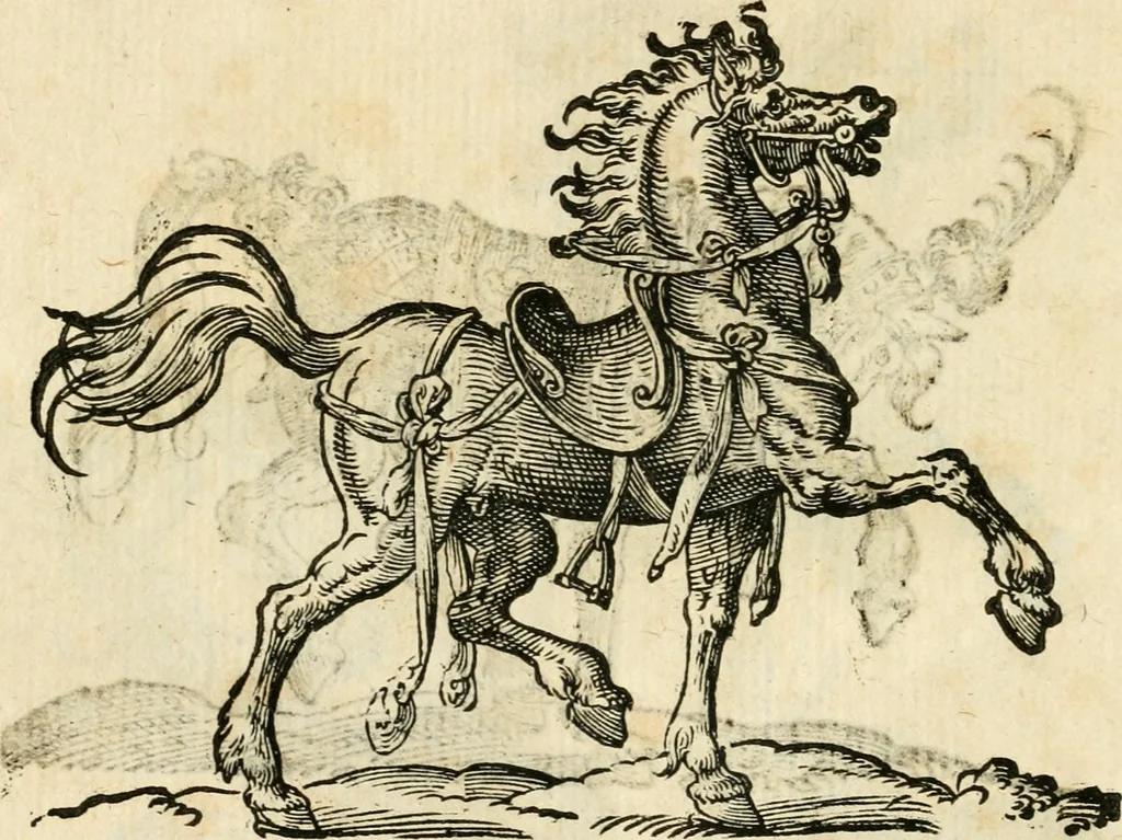An illustration from Kunstbüchlin : Darinnen neben Fürbildung vieler, geistlicher vnnd weltlicher, hohes vnd niderstands Personen, so dann auch der Türkischen Käyser derselben obersten allerhandt kunstreiche Stück vnnd Figuren : auch die sieben Planeten, zehen alter Rittmeister vnnd Befelchshaber, Reutern vnd Contrafactur der Pferde, allerlen Thurnier, Fechten vnd dann erliche Helm vnd Helmdecken begriffen : Alles auff das zierlicht vnd künstlichst gerissen, 1599, leaf 213