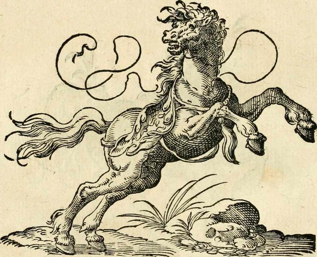 An illustration from Kunstbüchlin : Darinnen neben Fürbildung vieler, geistlicher vnnd weltlicher, hohes vnd niderstands Personen, so dann auch der Türkischen Käyser derselben obersten allerhandt kunstreiche Stück vnnd Figuren : auch die sieben Planeten, zehen alter Rittmeister vnnd Befelchshaber, Reutern vnd Contrafactur der Pferde, allerlen Thurnier, Fechten vnd dann erliche Helm vnd Helmdecken begriffen : Alles auff das zierlicht vnd künstlichst gerissen, 1599, leaf 215