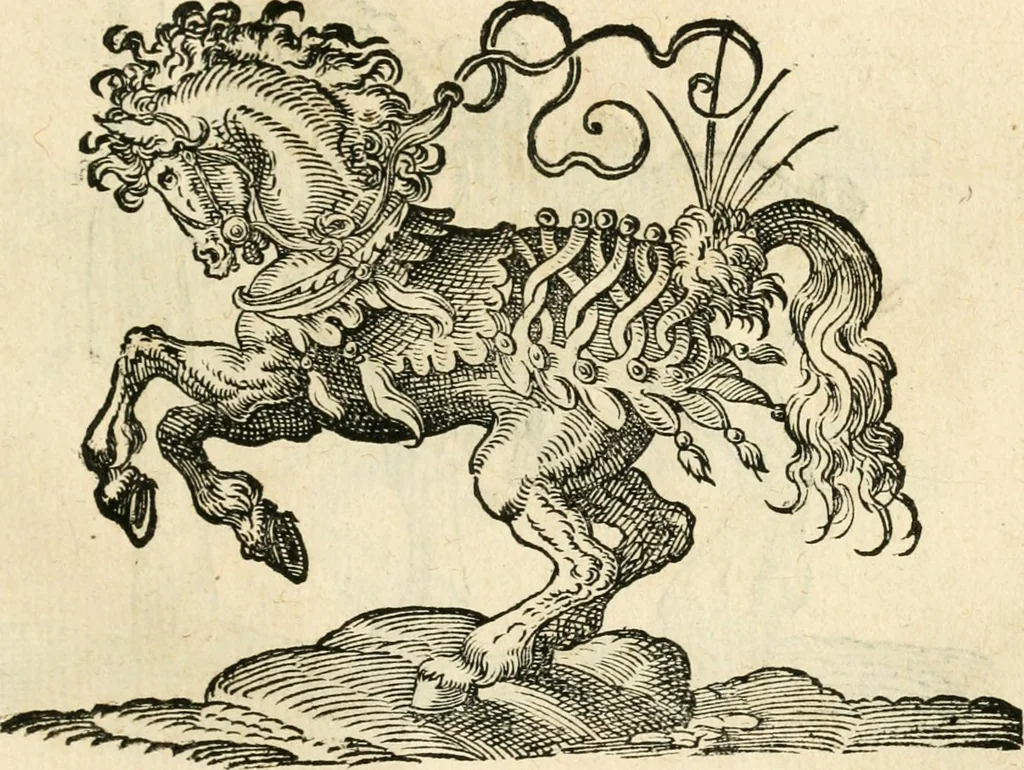 An illustration from Kunstbüchlin : Darinnen neben Fürbildung vieler, geistlicher vnnd weltlicher, hohes vnd niderstands Personen, so dann auch der Türkischen Käyser derselben obersten allerhandt kunstreiche Stück vnnd Figuren : auch die sieben Planeten, zehen alter Rittmeister vnnd Befelchshaber, Reutern vnd Contrafactur der Pferde, allerlen Thurnier, Fechten vnd dann erliche Helm vnd Helmdecken begriffen : Alles auff das zierlicht vnd künstlichst gerissen, 1599, leaf 216