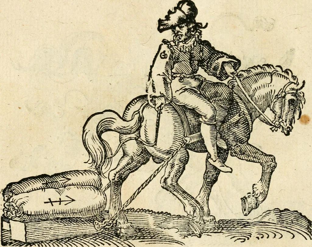 An illustration from Kunstbüchlin : Darinnen neben Fürbildung vieler, geistlicher vnnd weltlicher, hohes vnd niderstands Personen, so dann auch der Türkischen Käyser derselben obersten allerhandt kunstreiche Stück vnnd Figuren : auch die sieben Planeten, zehen alter Rittmeister vnnd Befelchshaber, Reutern vnd Contrafactur der Pferde, allerlen Thurnier, Fechten vnd dann erliche Helm vnd Helmdecken begriffen : Alles auff das zierlicht vnd künstlichst gerissen, 1599, leaf 219