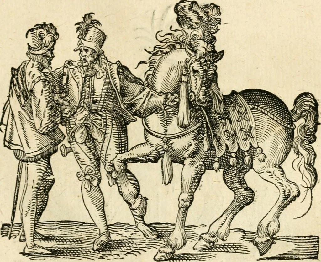 An illustration from Kunstbüchlin : Darinnen neben Fürbildung vieler, geistlicher vnnd weltlicher, hohes vnd niderstands Personen, so dann auch der Türkischen Käyser derselben obersten allerhandt kunstreiche Stück vnnd Figuren : auch die sieben Planeten, zehen alter Rittmeister vnnd Befelchshaber, Reutern vnd Contrafactur der Pferde, allerlen Thurnier, Fechten vnd dann erliche Helm vnd Helmdecken begriffen : Alles auff das zierlicht vnd künstlichst gerissen, 1599, leaf 220