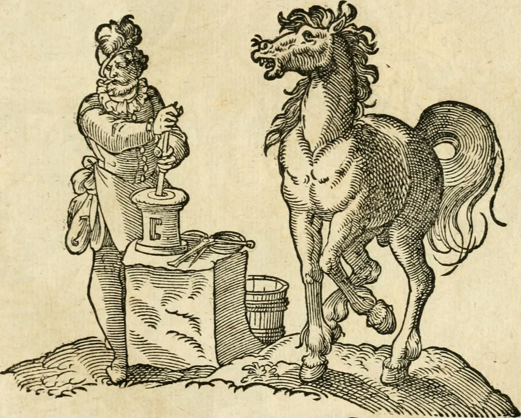 An illustration from Kunstbüchlin : Darinnen neben Fürbildung vieler, geistlicher vnnd weltlicher, hohes vnd niderstands Personen, so dann auch der Türkischen Käyser derselben obersten allerhandt kunstreiche Stück vnnd Figuren : auch die sieben Planeten, zehen alter Rittmeister vnnd Befelchshaber, Reutern vnd Contrafactur der Pferde, allerlen Thurnier, Fechten vnd dann erliche Helm vnd Helmdecken begriffen : Alles auff das zierlicht vnd künstlichst gerissen, 1599, leaf 224
