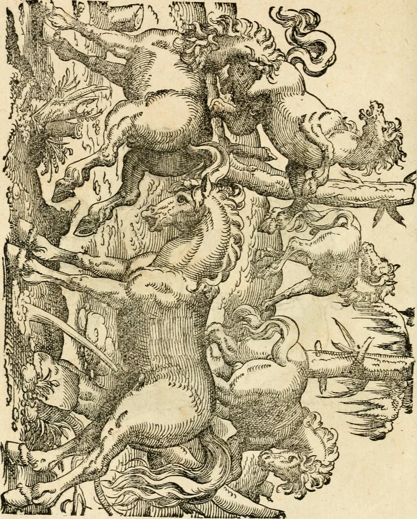 An illustration from Kunstbüchlin : Darinnen neben Fürbildung vieler, geistlicher vnnd weltlicher, hohes vnd niderstands Personen, so dann auch der Türkischen Käyser derselben obersten allerhandt kunstreiche Stück vnnd Figuren : auch die sieben Planeten, zehen alter Rittmeister vnnd Befelchshaber, Reutern vnd Contrafactur der Pferde, allerlen Thurnier, Fechten vnd dann erliche Helm vnd Helmdecken begriffen : Alles auff das zierlicht vnd künstlichst gerissen, 1599, leaf 225