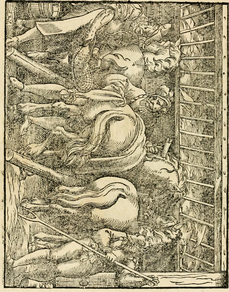 An illustration from Kunstbüchlin : Darinnen neben Fürbildung vieler, geistlicher vnnd weltlicher, hohes vnd niderstands Personen, so dann auch der Türkischen Käyser derselben obersten allerhandt kunstreiche Stück vnnd Figuren : auch die sieben Planeten, zehen alter Rittmeister vnnd Befelchshaber, Reutern vnd Contrafactur der Pferde, allerlen Thurnier, Fechten vnd dann erliche Helm vnd Helmdecken begriffen : Alles auff das zierlicht vnd künstlichst gerissen, 1599, leaf 227
