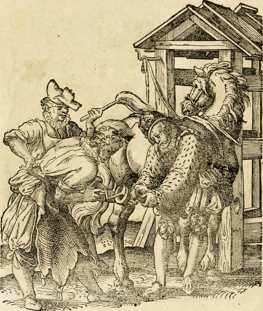 An illustration from Kunstbüchlin : Darinnen neben Fürbildung vieler, geistlicher vnnd weltlicher, hohes vnd niderstands Personen, so dann auch der Türkischen Käyser derselben obersten allerhandt kunstreiche Stück vnnd Figuren : auch die sieben Planeten, zehen alter Rittmeister vnnd Befelchshaber, Reutern vnd Contrafactur der Pferde, allerlen Thurnier, Fechten vnd dann erliche Helm vnd Helmdecken begriffen : Alles auff das zierlicht vnd künstlichst gerissen, 1599, leaf 229
