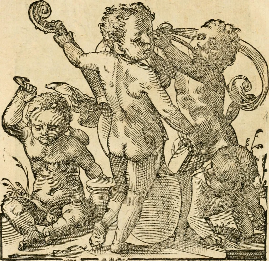 An illustration from Kunstbüchlin : Darinnen neben Fürbildung vieler, geistlicher vnnd weltlicher, hohes vnd niderstands Personen, so dann auch der Türkischen Käyser derselben obersten allerhandt kunstreiche Stück vnnd Figuren : auch die sieben Planeten, zehen alter Rittmeister vnnd Befelchshaber, Reutern vnd Contrafactur der Pferde, allerlen Thurnier, Fechten vnd dann erliche Helm vnd Helmdecken begriffen : Alles auff das zierlicht vnd künstlichst gerissen, 1599, leaf 23