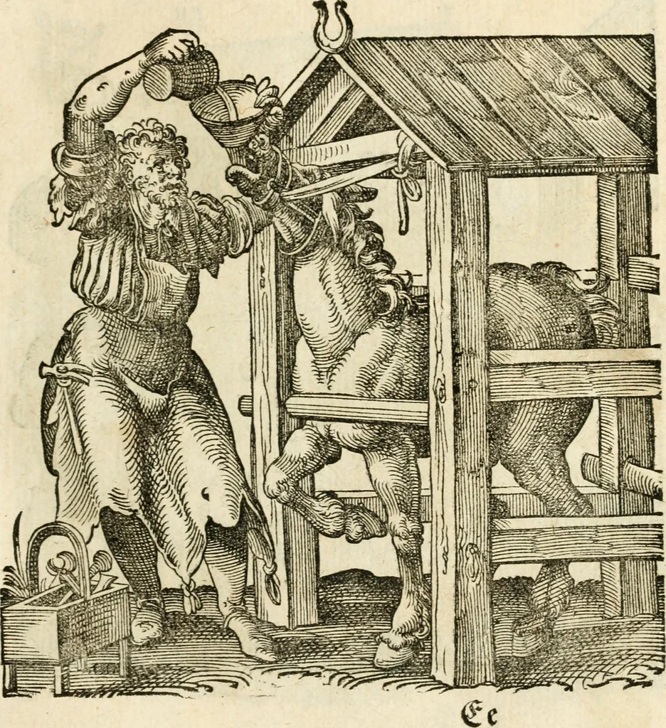 An illustration from Kunstbüchlin : Darinnen neben Fürbildung vieler, geistlicher vnnd weltlicher, hohes vnd niderstands Personen, so dann auch der Türkischen Käyser derselben obersten allerhandt kunstreiche Stück vnnd Figuren : auch die sieben Planeten, zehen alter Rittmeister vnnd Befelchshaber, Reutern vnd Contrafactur der Pferde, allerlen Thurnier, Fechten vnd dann erliche Helm vnd Helmdecken begriffen : Alles auff das zierlicht vnd künstlichst gerissen, 1599, leaf 230