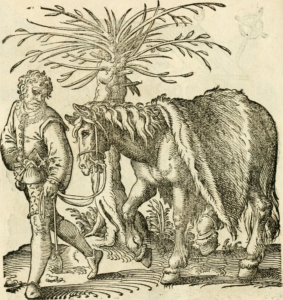 An illustration from Kunstbüchlin : Darinnen neben Fürbildung vieler, geistlicher vnnd weltlicher, hohes vnd niderstands Personen, so dann auch der Türkischen Käyser derselben obersten allerhandt kunstreiche Stück vnnd Figuren : auch die sieben Planeten, zehen alter Rittmeister vnnd Befelchshaber, Reutern vnd Contrafactur der Pferde, allerlen Thurnier, Fechten vnd dann erliche Helm vnd Helmdecken begriffen : Alles auff das zierlicht vnd künstlichst gerissen, 1599, leaf 231