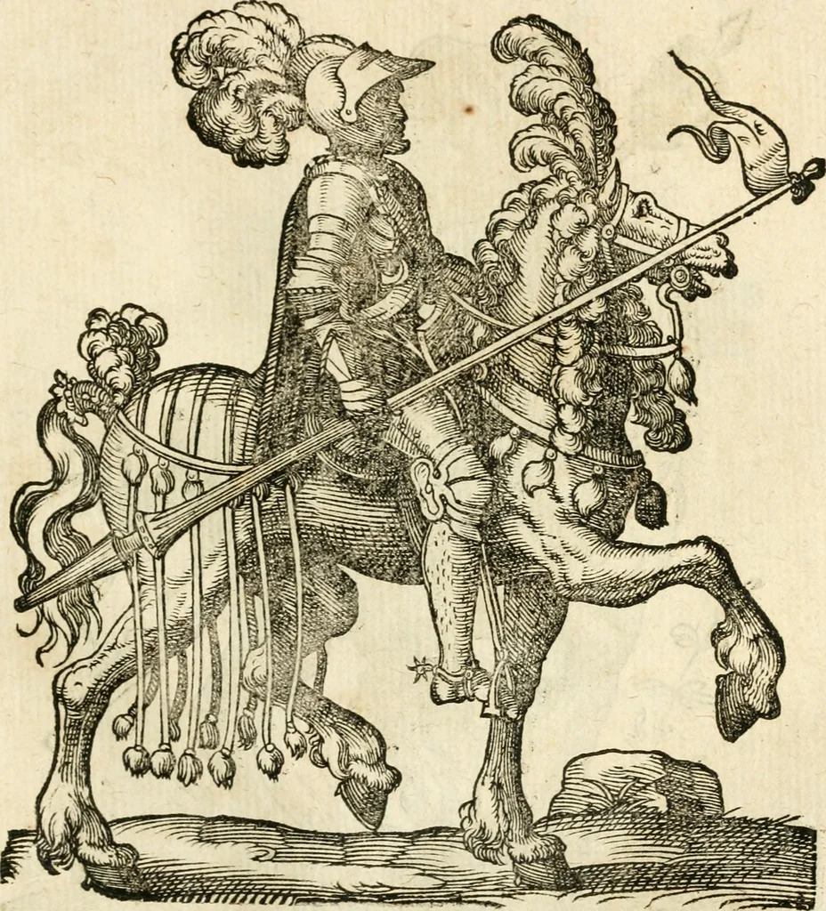 An illustration from Kunstbüchlin : Darinnen neben Fürbildung vieler, geistlicher vnnd weltlicher, hohes vnd niderstands Personen, so dann auch der Türkischen Käyser derselben obersten allerhandt kunstreiche Stück vnnd Figuren : auch die sieben Planeten, zehen alter Rittmeister vnnd Befelchshaber, Reutern vnd Contrafactur der Pferde, allerlen Thurnier, Fechten vnd dann erliche Helm vnd Helmdecken begriffen : Alles auff das zierlicht vnd künstlichst gerissen, 1599, leaf 234