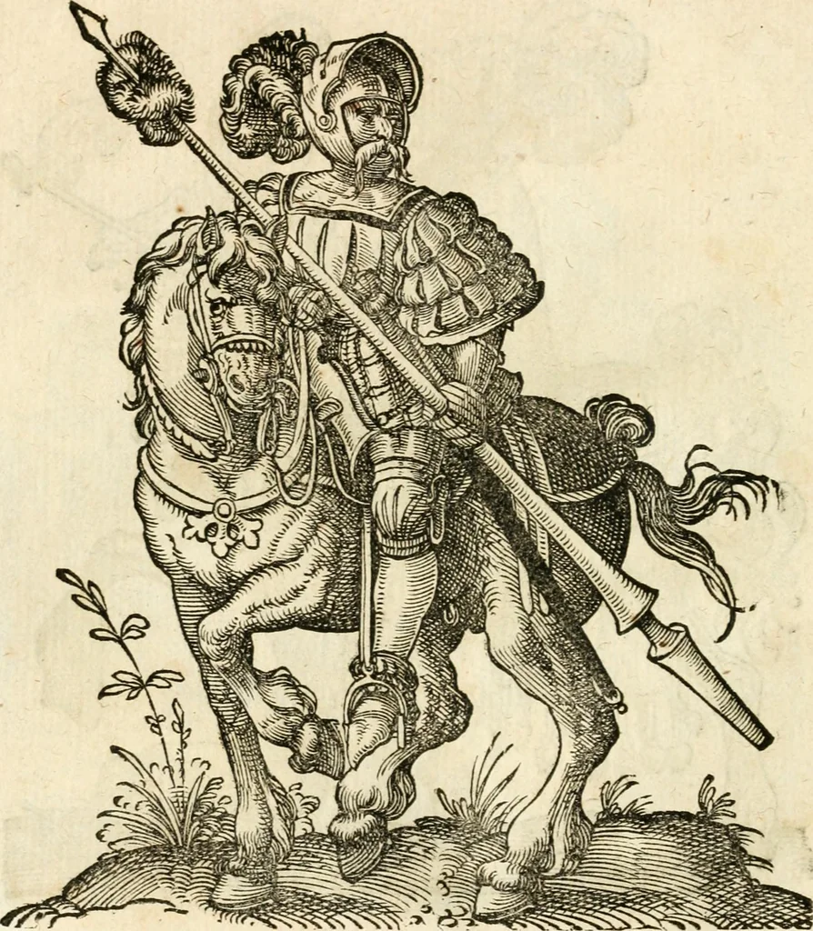 An illustration from Kunstbüchlin : Darinnen neben Fürbildung vieler, geistlicher vnnd weltlicher, hohes vnd niderstands Personen, so dann auch der Türkischen Käyser derselben obersten allerhandt kunstreiche Stück vnnd Figuren : auch die sieben Planeten, zehen alter Rittmeister vnnd Befelchshaber, Reutern vnd Contrafactur der Pferde, allerlen Thurnier, Fechten vnd dann erliche Helm vnd Helmdecken begriffen : Alles auff das zierlicht vnd künstlichst gerissen, 1599, leaf 235