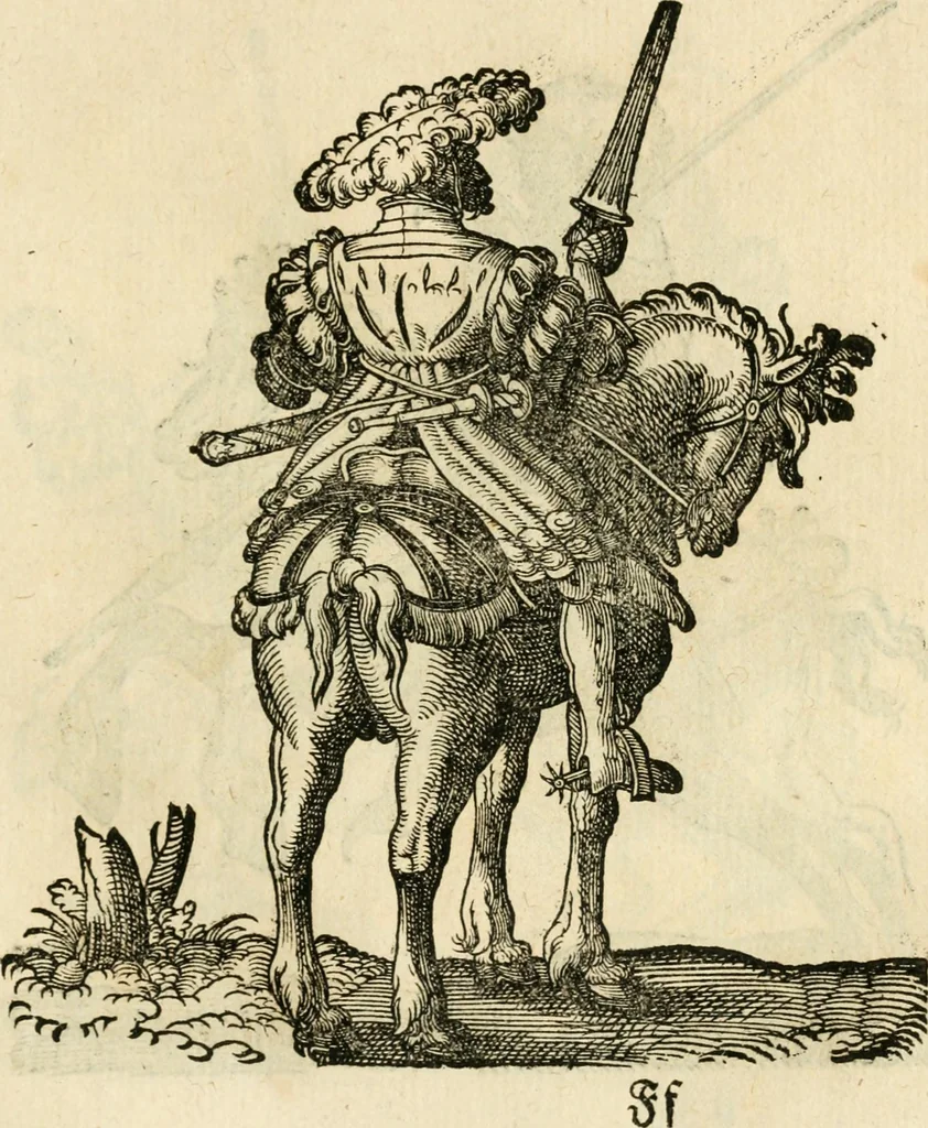 An illustration from Kunstbüchlin : Darinnen neben Fürbildung vieler, geistlicher vnnd weltlicher, hohes vnd niderstands Personen, so dann auch der Türkischen Käyser derselben obersten allerhandt kunstreiche Stück vnnd Figuren : auch die sieben Planeten, zehen alter Rittmeister vnnd Befelchshaber, Reutern vnd Contrafactur der Pferde, allerlen Thurnier, Fechten vnd dann erliche Helm vnd Helmdecken begriffen : Alles auff das zierlicht vnd künstlichst gerissen, 1599, leaf 236