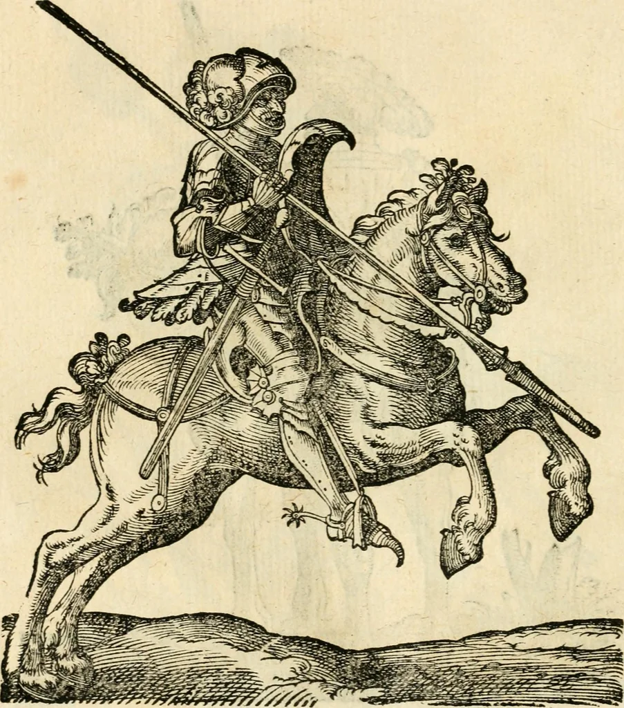 An illustration from Kunstbüchlin : Darinnen neben Fürbildung vieler, geistlicher vnnd weltlicher, hohes vnd niderstands Personen, so dann auch der Türkischen Käyser derselben obersten allerhandt kunstreiche Stück vnnd Figuren : auch die sieben Planeten, zehen alter Rittmeister vnnd Befelchshaber, Reutern vnd Contrafactur der Pferde, allerlen Thurnier, Fechten vnd dann erliche Helm vnd Helmdecken begriffen : Alles auff das zierlicht vnd künstlichst gerissen, 1599, leaf 237