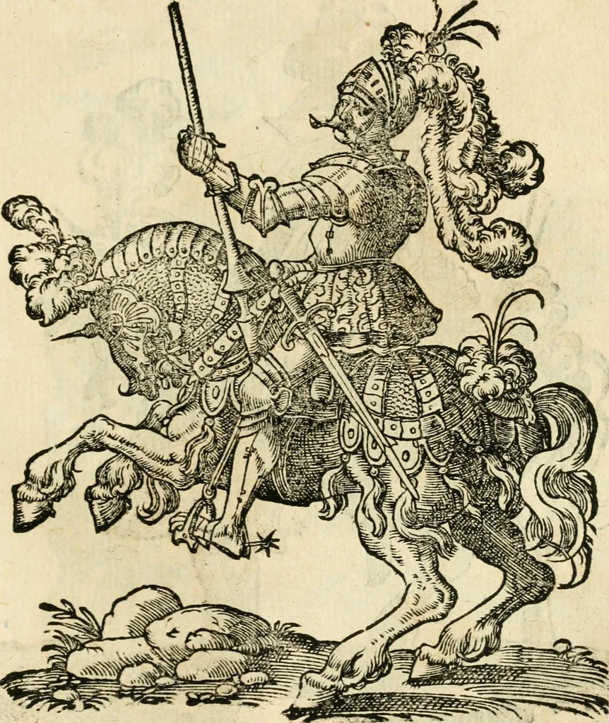 An illustration from Kunstbüchlin : Darinnen neben Fürbildung vieler, geistlicher vnnd weltlicher, hohes vnd niderstands Personen, so dann auch der Türkischen Käyser derselben obersten allerhandt kunstreiche Stück vnnd Figuren : auch die sieben Planeten, zehen alter Rittmeister vnnd Befelchshaber, Reutern vnd Contrafactur der Pferde, allerlen Thurnier, Fechten vnd dann erliche Helm vnd Helmdecken begriffen : Alles auff das zierlicht vnd künstlichst gerissen, 1599, leaf 238