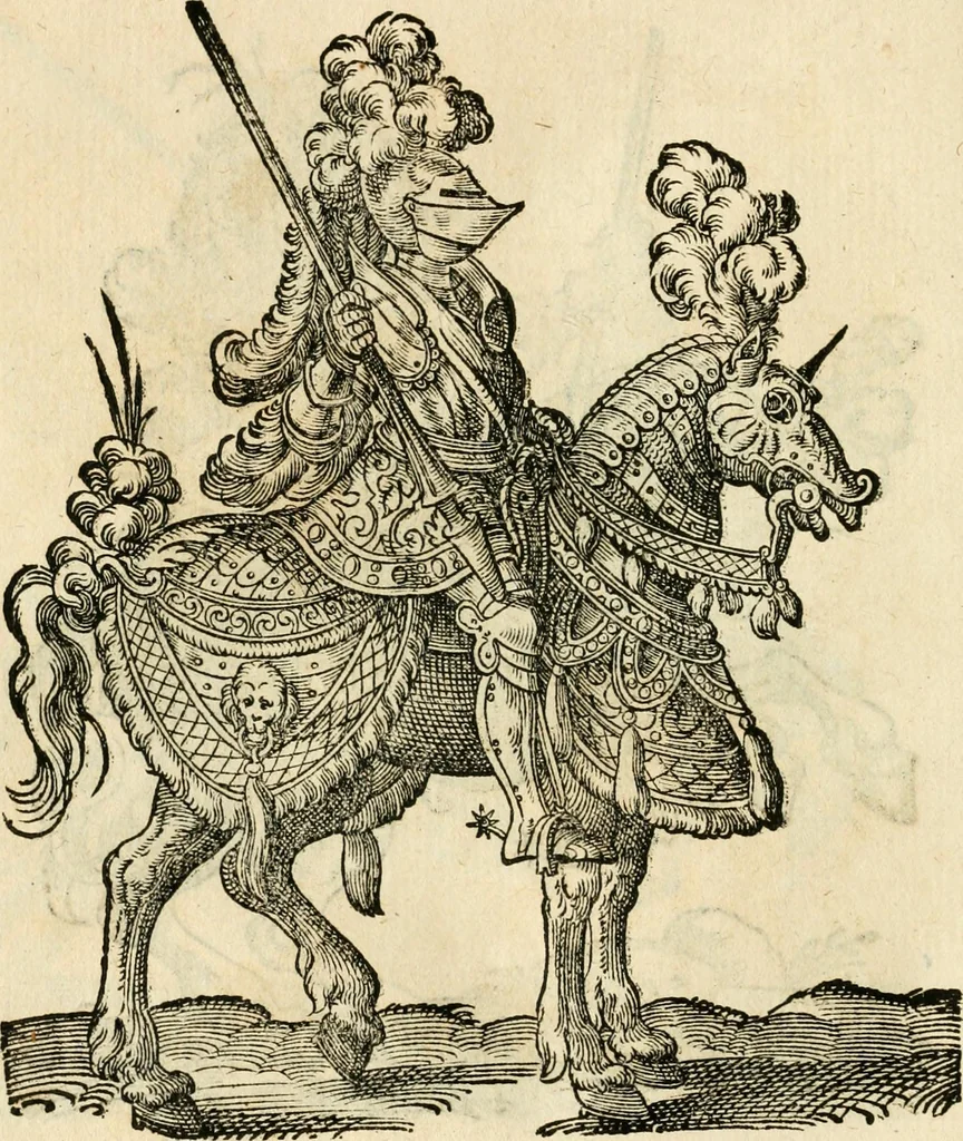 An illustration from Kunstbüchlin : Darinnen neben Fürbildung vieler, geistlicher vnnd weltlicher, hohes vnd niderstands Personen, so dann auch der Türkischen Käyser derselben obersten allerhandt kunstreiche Stück vnnd Figuren : auch die sieben Planeten, zehen alter Rittmeister vnnd Befelchshaber, Reutern vnd Contrafactur der Pferde, allerlen Thurnier, Fechten vnd dann erliche Helm vnd Helmdecken begriffen : Alles auff das zierlicht vnd künstlichst gerissen, 1599, leaf 239