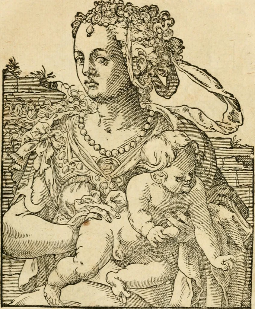 An illustration from Kunstbüchlin : Darinnen neben Fürbildung vieler, geistlicher vnnd weltlicher, hohes vnd niderstands Personen, so dann auch der Türkischen Käyser derselben obersten allerhandt kunstreiche Stück vnnd Figuren : auch die sieben Planeten, zehen alter Rittmeister vnnd Befelchshaber, Reutern vnd Contrafactur der Pferde, allerlen Thurnier, Fechten vnd dann erliche Helm vnd Helmdecken begriffen : Alles auff das zierlicht vnd künstlichst gerissen, 1599, leaf 24