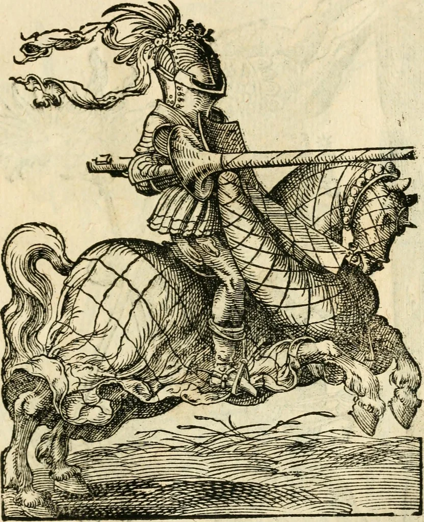 An illustration from Kunstbüchlin : Darinnen neben Fürbildung vieler, geistlicher vnnd weltlicher, hohes vnd niderstands Personen, so dann auch der Türkischen Käyser derselben obersten allerhandt kunstreiche Stück vnnd Figuren : auch die sieben Planeten, zehen alter Rittmeister vnnd Befelchshaber, Reutern vnd Contrafactur der Pferde, allerlen Thurnier, Fechten vnd dann erliche Helm vnd Helmdecken begriffen : Alles auff das zierlicht vnd künstlichst gerissen, 1599, leaf 240