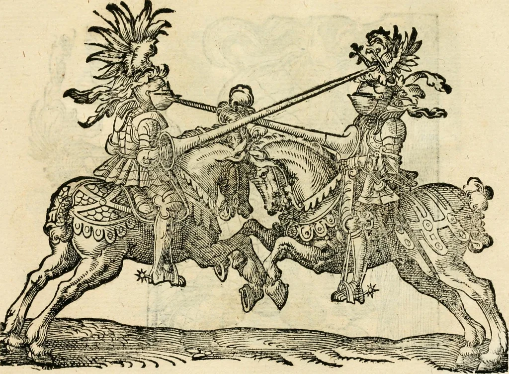 An illustration from Kunstbüchlin : Darinnen neben Fürbildung vieler, geistlicher vnnd weltlicher, hohes vnd niderstands Personen, so dann auch der Türkischen Käyser derselben obersten allerhandt kunstreiche Stück vnnd Figuren : auch die sieben Planeten, zehen alter Rittmeister vnnd Befelchshaber, Reutern vnd Contrafactur der Pferde, allerlen Thurnier, Fechten vnd dann erliche Helm vnd Helmdecken begriffen : Alles auff das zierlicht vnd künstlichst gerissen, 1599, leaf 241