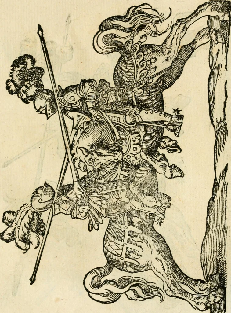 An illustration from Kunstbüchlin : Darinnen neben Fürbildung vieler, geistlicher vnnd weltlicher, hohes vnd niderstands Personen, so dann auch der Türkischen Käyser derselben obersten allerhandt kunstreiche Stück vnnd Figuren : auch die sieben Planeten, zehen alter Rittmeister vnnd Befelchshaber, Reutern vnd Contrafactur der Pferde, allerlen Thurnier, Fechten vnd dann erliche Helm vnd Helmdecken begriffen : Alles auff das zierlicht vnd künstlichst gerissen, 1599, leaf 242