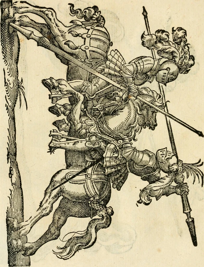 An illustration from Kunstbüchlin : Darinnen neben Fürbildung vieler, geistlicher vnnd weltlicher, hohes vnd niderstands Personen, so dann auch der Türkischen Käyser derselben obersten allerhandt kunstreiche Stück vnnd Figuren : auch die sieben Planeten, zehen alter Rittmeister vnnd Befelchshaber, Reutern vnd Contrafactur der Pferde, allerlen Thurnier, Fechten vnd dann erliche Helm vnd Helmdecken begriffen : Alles auff das zierlicht vnd künstlichst gerissen, 1599, leaf 243