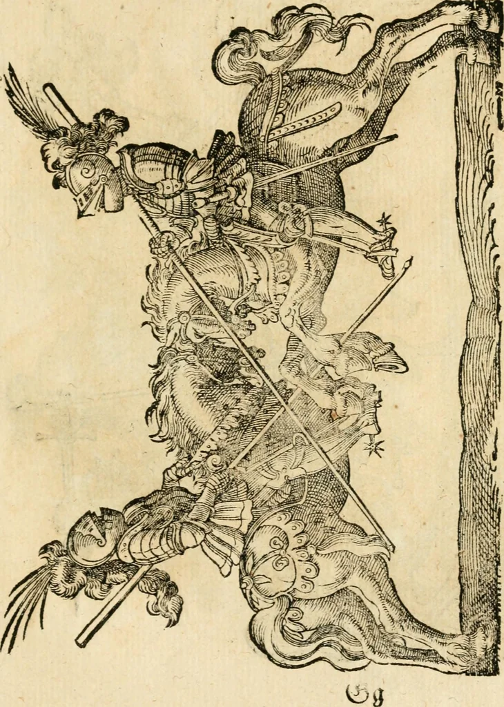 An illustration from Kunstbüchlin : Darinnen neben Fürbildung vieler, geistlicher vnnd weltlicher, hohes vnd niderstands Personen, so dann auch der Türkischen Käyser derselben obersten allerhandt kunstreiche Stück vnnd Figuren : auch die sieben Planeten, zehen alter Rittmeister vnnd Befelchshaber, Reutern vnd Contrafactur der Pferde, allerlen Thurnier, Fechten vnd dann erliche Helm vnd Helmdecken begriffen : Alles auff das zierlicht vnd künstlichst gerissen, 1599, leaf 244