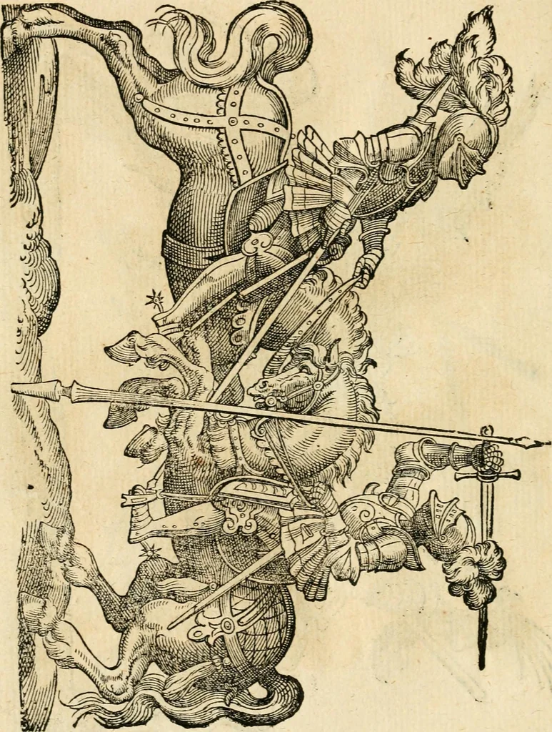 An illustration from Kunstbüchlin : Darinnen neben Fürbildung vieler, geistlicher vnnd weltlicher, hohes vnd niderstands Personen, so dann auch der Türkischen Käyser derselben obersten allerhandt kunstreiche Stück vnnd Figuren : auch die sieben Planeten, zehen alter Rittmeister vnnd Befelchshaber, Reutern vnd Contrafactur der Pferde, allerlen Thurnier, Fechten vnd dann erliche Helm vnd Helmdecken begriffen : Alles auff das zierlicht vnd künstlichst gerissen, 1599, leaf 245