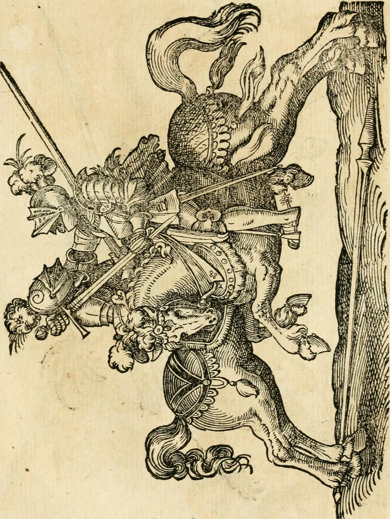 An illustration from Kunstbüchlin : Darinnen neben Fürbildung vieler, geistlicher vnnd weltlicher, hohes vnd niderstands Personen, so dann auch der Türkischen Käyser derselben obersten allerhandt kunstreiche Stück vnnd Figuren : auch die sieben Planeten, zehen alter Rittmeister vnnd Befelchshaber, Reutern vnd Contrafactur der Pferde, allerlen Thurnier, Fechten vnd dann erliche Helm vnd Helmdecken begriffen : Alles auff das zierlicht vnd künstlichst gerissen, 1599, leaf 246