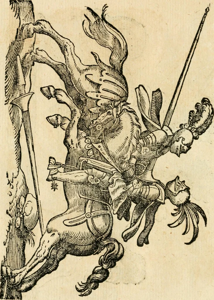 An illustration from Kunstbüchlin : Darinnen neben Fürbildung vieler, geistlicher vnnd weltlicher, hohes vnd niderstands Personen, so dann auch der Türkischen Käyser derselben obersten allerhandt kunstreiche Stück vnnd Figuren : auch die sieben Planeten, zehen alter Rittmeister vnnd Befelchshaber, Reutern vnd Contrafactur der Pferde, allerlen Thurnier, Fechten vnd dann erliche Helm vnd Helmdecken begriffen : Alles auff das zierlicht vnd künstlichst gerissen, 1599, leaf 247
