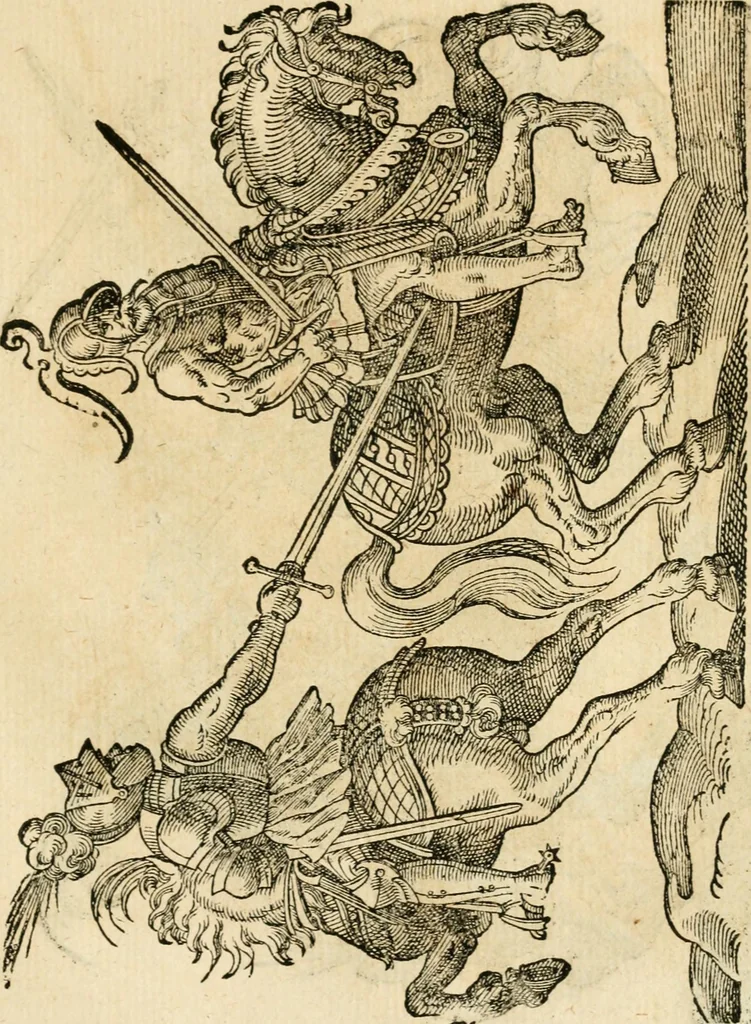 An illustration from Kunstbüchlin : Darinnen neben Fürbildung vieler, geistlicher vnnd weltlicher, hohes vnd niderstands Personen, so dann auch der Türkischen Käyser derselben obersten allerhandt kunstreiche Stück vnnd Figuren : auch die sieben Planeten, zehen alter Rittmeister vnnd Befelchshaber, Reutern vnd Contrafactur der Pferde, allerlen Thurnier, Fechten vnd dann erliche Helm vnd Helmdecken begriffen : Alles auff das zierlicht vnd künstlichst gerissen, 1599, leaf 248